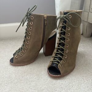 Green Suede Peep-Toe Ankle Boots